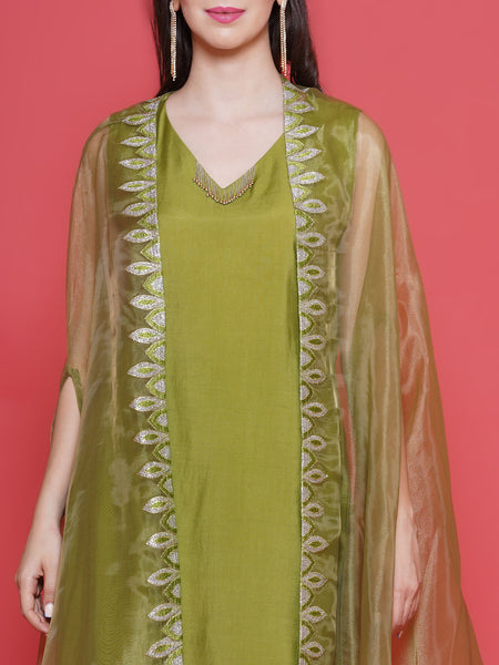 Green Muslin Set With Embroidered Organza Kaftaan Style Jacket-WRKS132