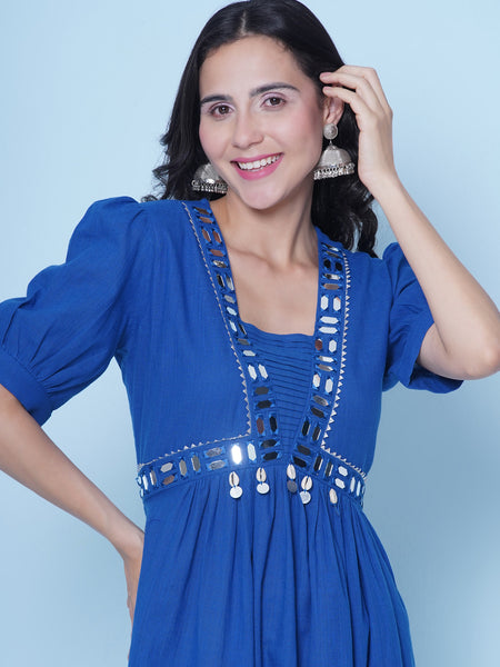 Blue Mirror Embroidered Empire Line Dress-WRK464