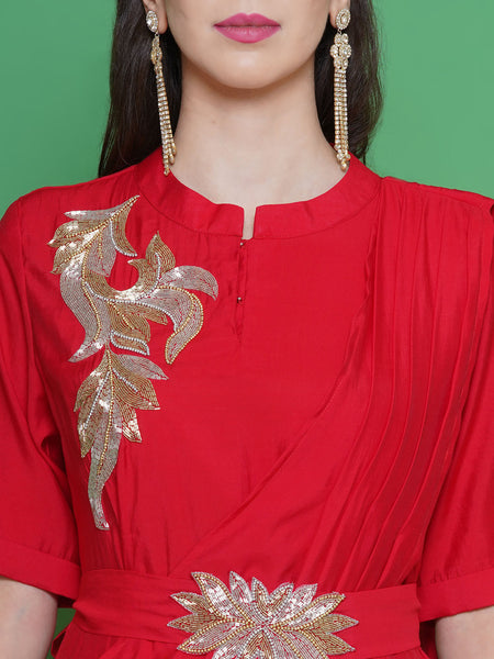 Red Muslin Hand Embellished Drape Set-WRKS129R