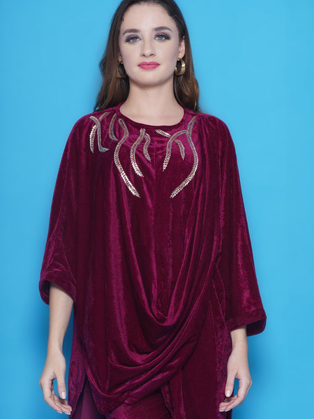 Wine Vevet Hand Embellished Drape Style Kurta with Pant-WRKS146