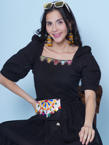 Black Cotton Dress with Belt and Pouch-WRK465