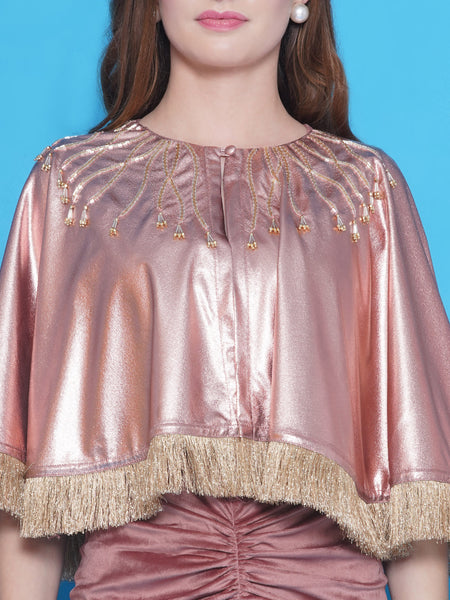 Suede Velvet Gown with Hand Embellished Metallic Cape-WRK454