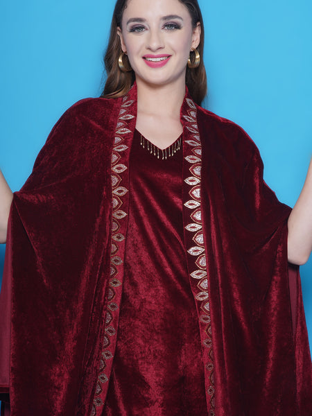Maroon Embroidered Velvet 3 pcs Cape set-WRKS145