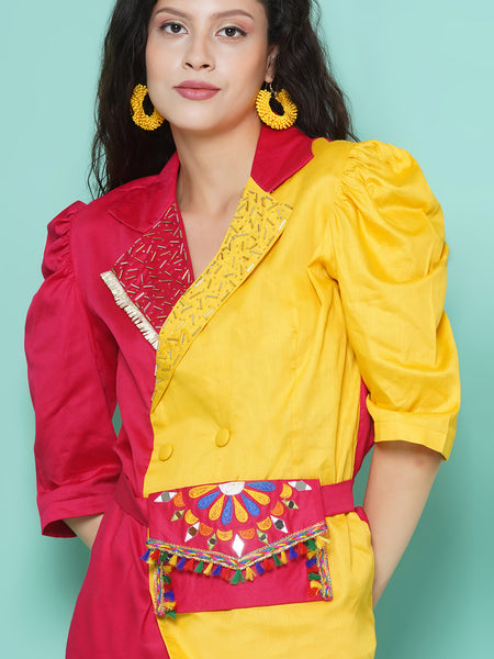 Pink and Yellow Cotton Silk Blazer Set-WRKS114