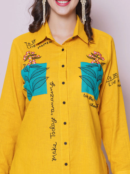 Yellow Cotton Embroidered Shirt with High Waist Pallazo-WRKS162Y