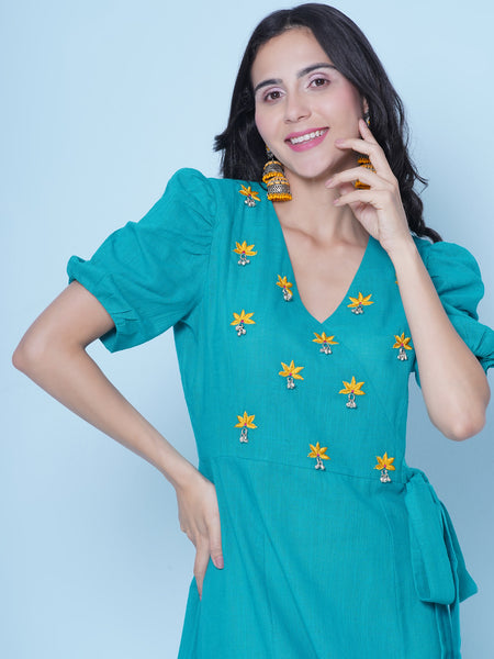 Blue Embroidered Angrakha Dress-WRK462