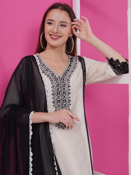 Off White Cotton Flex Embroidered Suit with Dupatta-WRS002