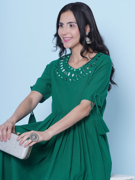 Green Cotton Mirror Embroidered Dress-wrk461
