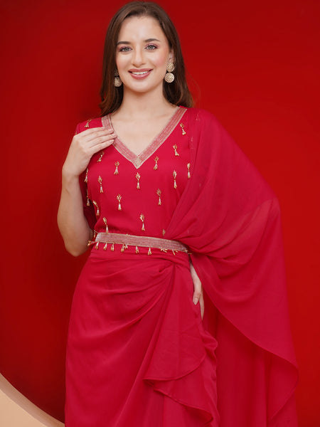 Pink Georgette Hand Embellished Choli with Drape Skirt and Belt-WRKS184