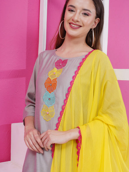 Grey Embroidered Suit with Dupatta-WRS004
