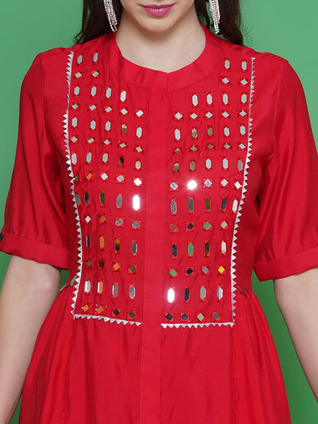 Red Muslin Kurta Set with Mirror Work-WRKS131