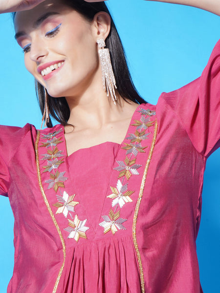 Pink Cotton Muslin Hand Embellished Kurta with Salwaar