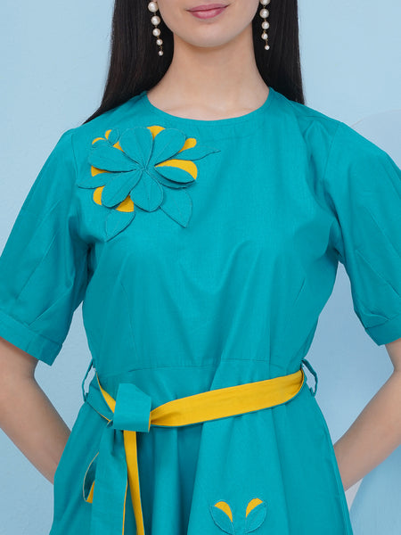 Blue Cotton Dress with 3D Embroidery-WRKS484