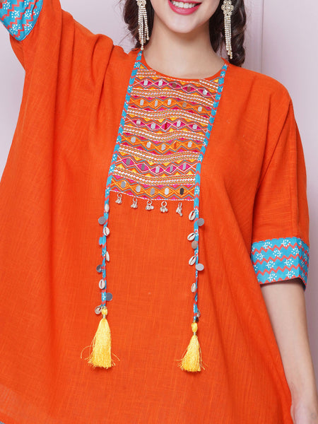 Orange Cotton Mirror Embroidered Kaftaan with Printed Bellbottom-WRKS159