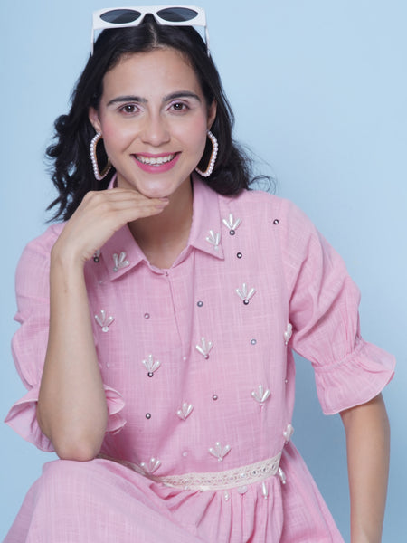 Baby Pink Cotton Hand Embellished Dress-WRK463