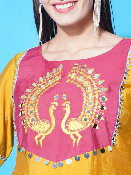 Mustard Assymetrical Kurta with Mirror Embroidery and Afghani Salwaar-WRKS121