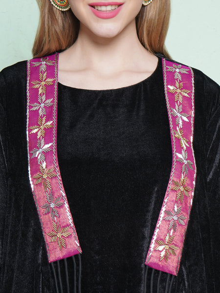 Black Velvet Hand Embellished Jacket with Inner and Dhoti Salwaar-WRKS138
