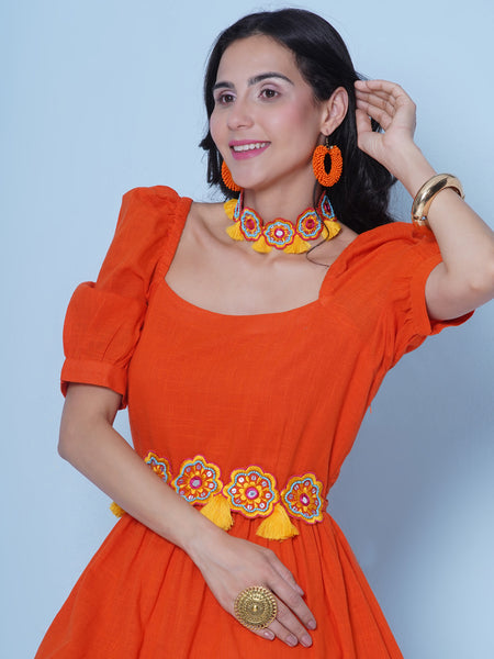 Orange Tiered Cotton Dress With belt and Necklace-WRK457