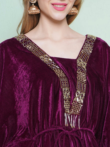 Wine Velvet Hand Embellished Kaftaan with Pants-WRK135
