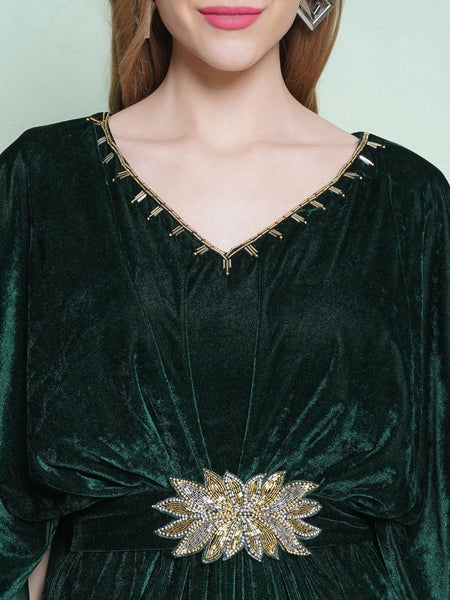 Green Velvet Cape Style Hand Embellished Gown with Belt-WRK453