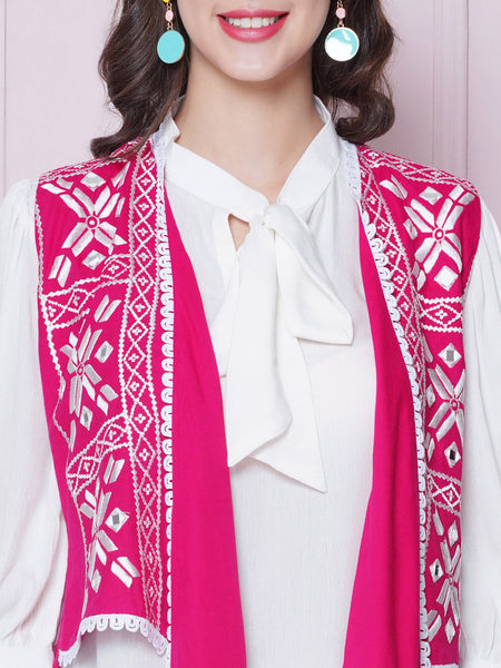 Pink Rayon Slub Embroidered Jacket with shirt and Pant-WRKS161