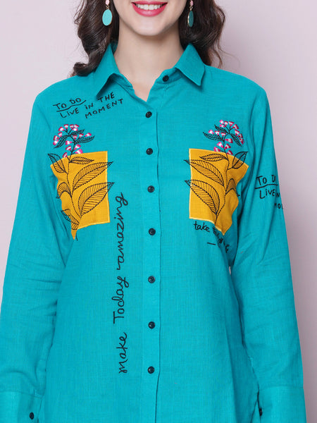 Blue Cotton Embroidered Shirt with High Waist Pallazo-WRKS162B