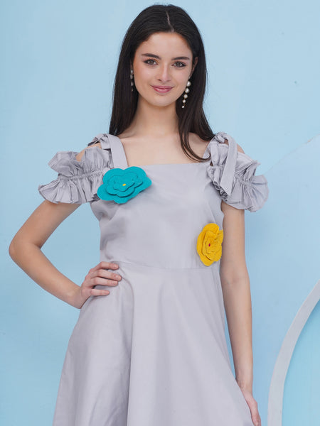 Grey Cotton Dress With 3 D Flowers-WRK483
