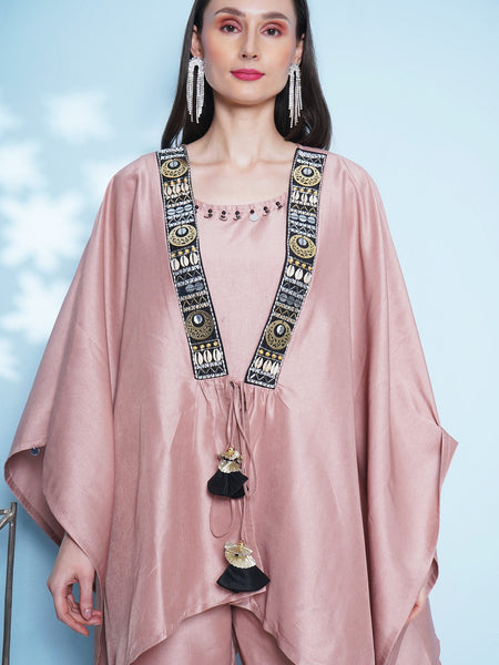 Rose Gold Silk Muslin 3 Pcs Hand Embellished Kaftaan Set-WRKS150