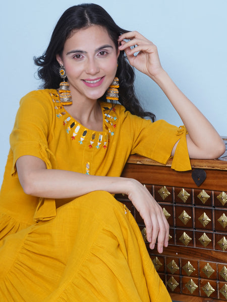 Yellow Cotton Mirror Embroidered Tiered Dress-Wrk459