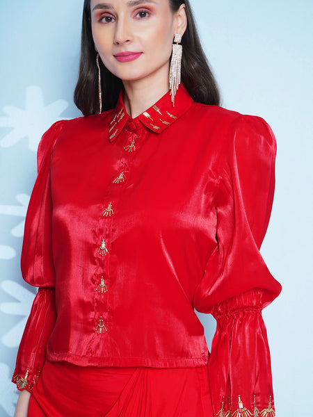 Red Hand embellished shirt with inner and dhoti skirt-WRKS146