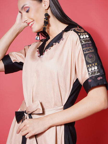 Light Peach & Black Cotton Silk Hand Embellished Coord Set