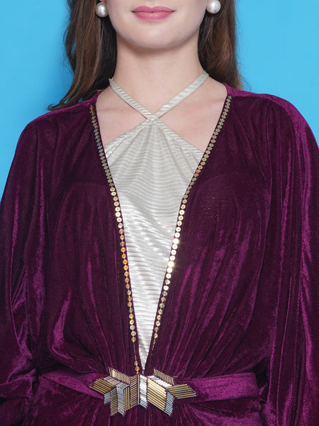 Wine Velvet Gown With Hand Embellished Belt and Metallic Halter Neck top-WRH455
