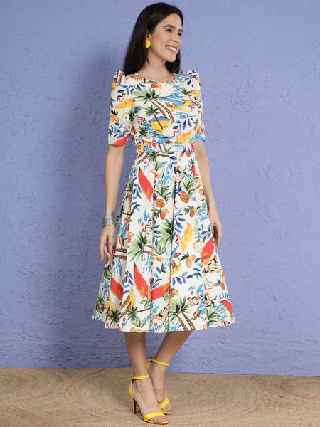 Tropical Poplin Printed Dress with Belt-WRK289