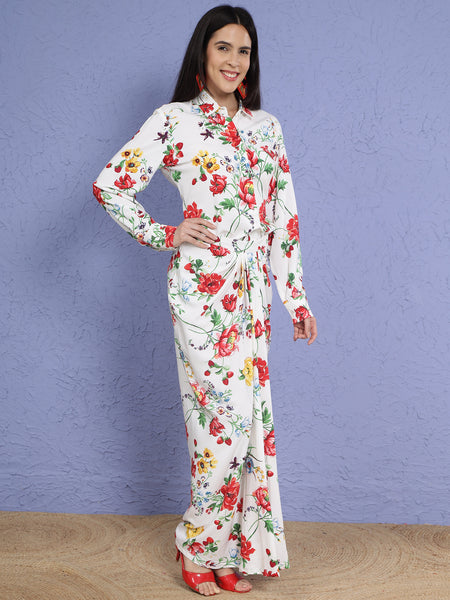 Floral Elegance Cotton Blend Shirt & Drape Skirt Set-WRKS268