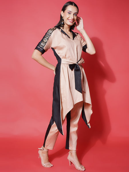 Light Peach & Black Cotton Silk Hand Embellished Coord Set