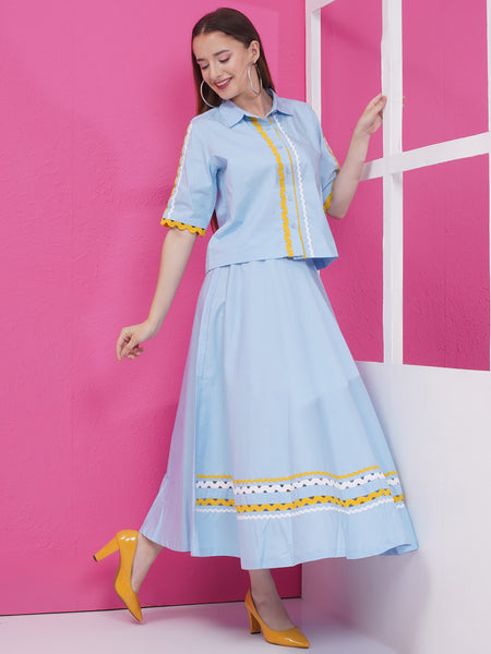 Blue Cotton Popline Top with Skirt-WRKS171
