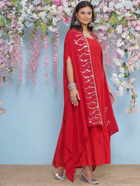 Red Full Length Anarkali Gown with Hand Embellished Cape-WRK472