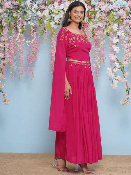 Pink Chinnon Hand embellished long sleeves kurta with Lehnga-WRKS196