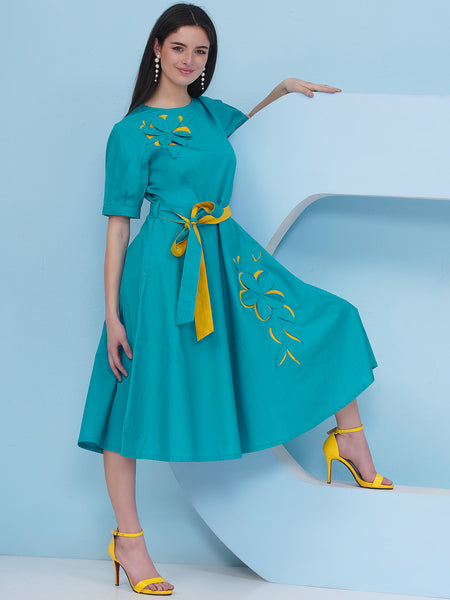 Blue Cotton Dress with 3D Embroidery-WRKS484