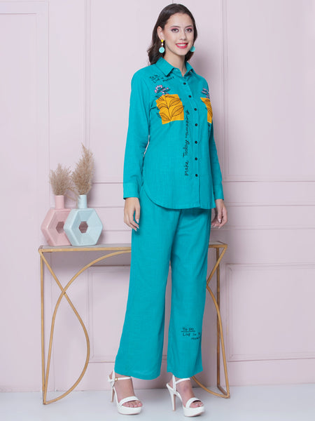 Blue Cotton Embroidered Shirt with High Waist Pallazo-WRKS162B
