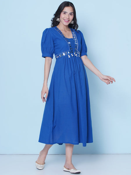 Blue Mirror Embroidered Empire Line Dress-WRK464