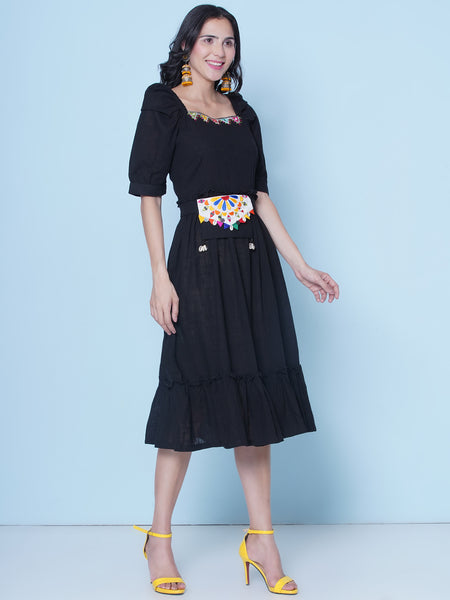 Black Cotton Dress with Belt and Pouch-WRK465