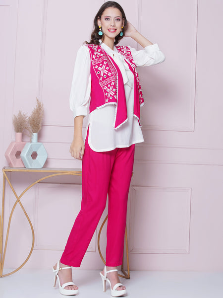 Pink Rayon Slub Embroidered Jacket with shirt and Pant-WRKS161