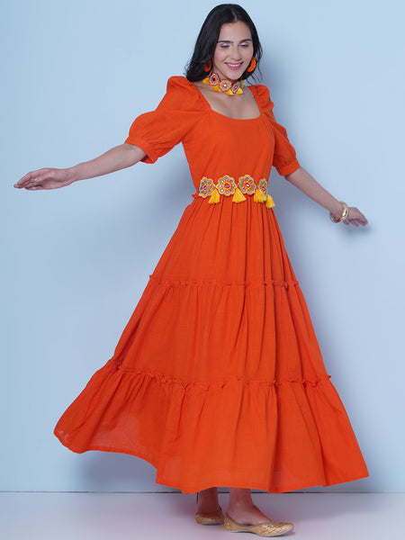Orange Tiered Cotton Dress With belt and Necklace-WRK457