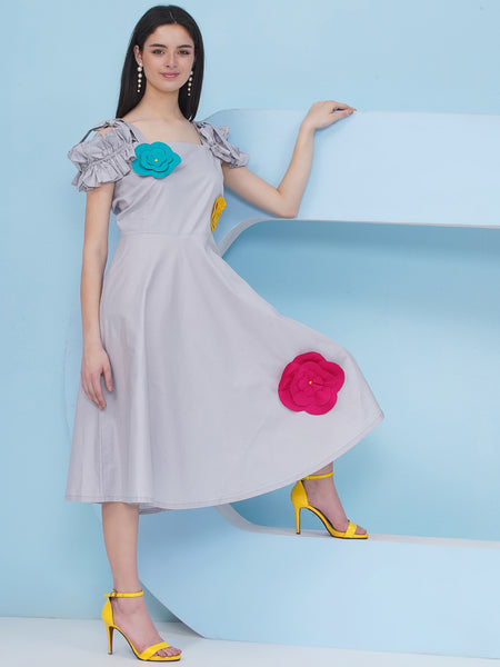 Grey Cotton Dress With 3 D Flowers-WRK483