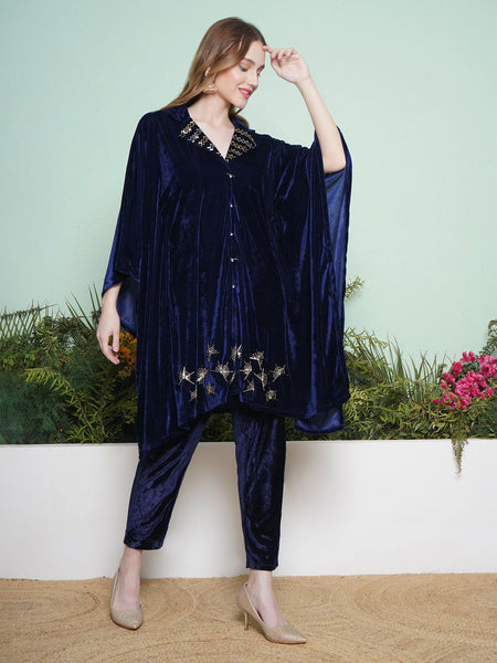 Navy Blue Hand Embellished Kaftaan Style Kurta with Pant-WRKS136