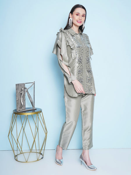 Pastel Green Hand Embellished Silk Muslin Set-WRKS151