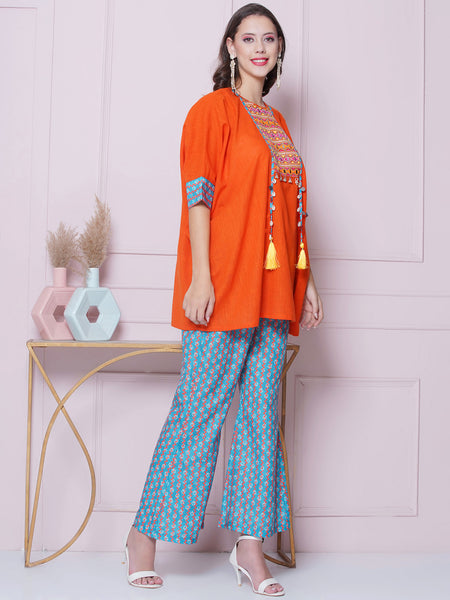 Orange Cotton Mirror Embroidered Kaftaan with Printed Bellbottom-WRKS159