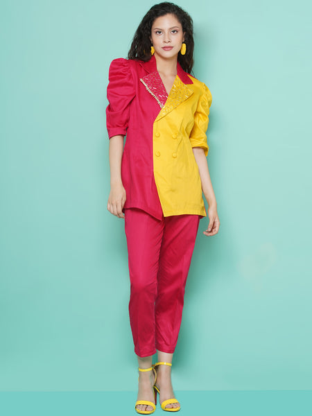 Pink and Yellow Cotton Silk Blazer Set-WRKS114