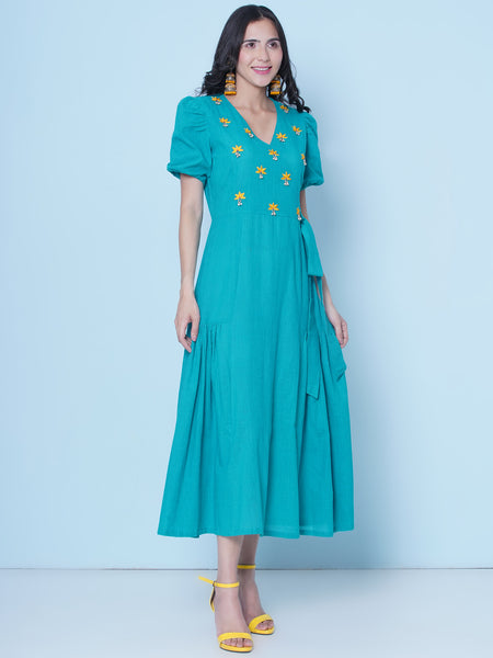 Blue Embroidered Angrakha Dress-WRK462